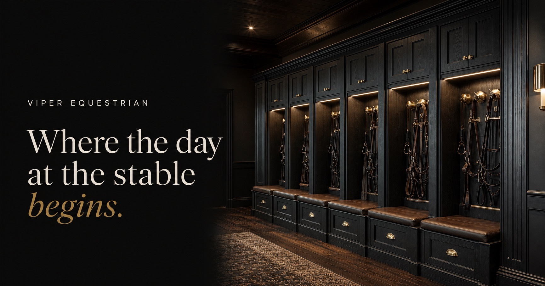 Viper Equestrian concept of a coordinated charcoal tack room with bridle storage, benches and drawers. Where the day at the stable begins.